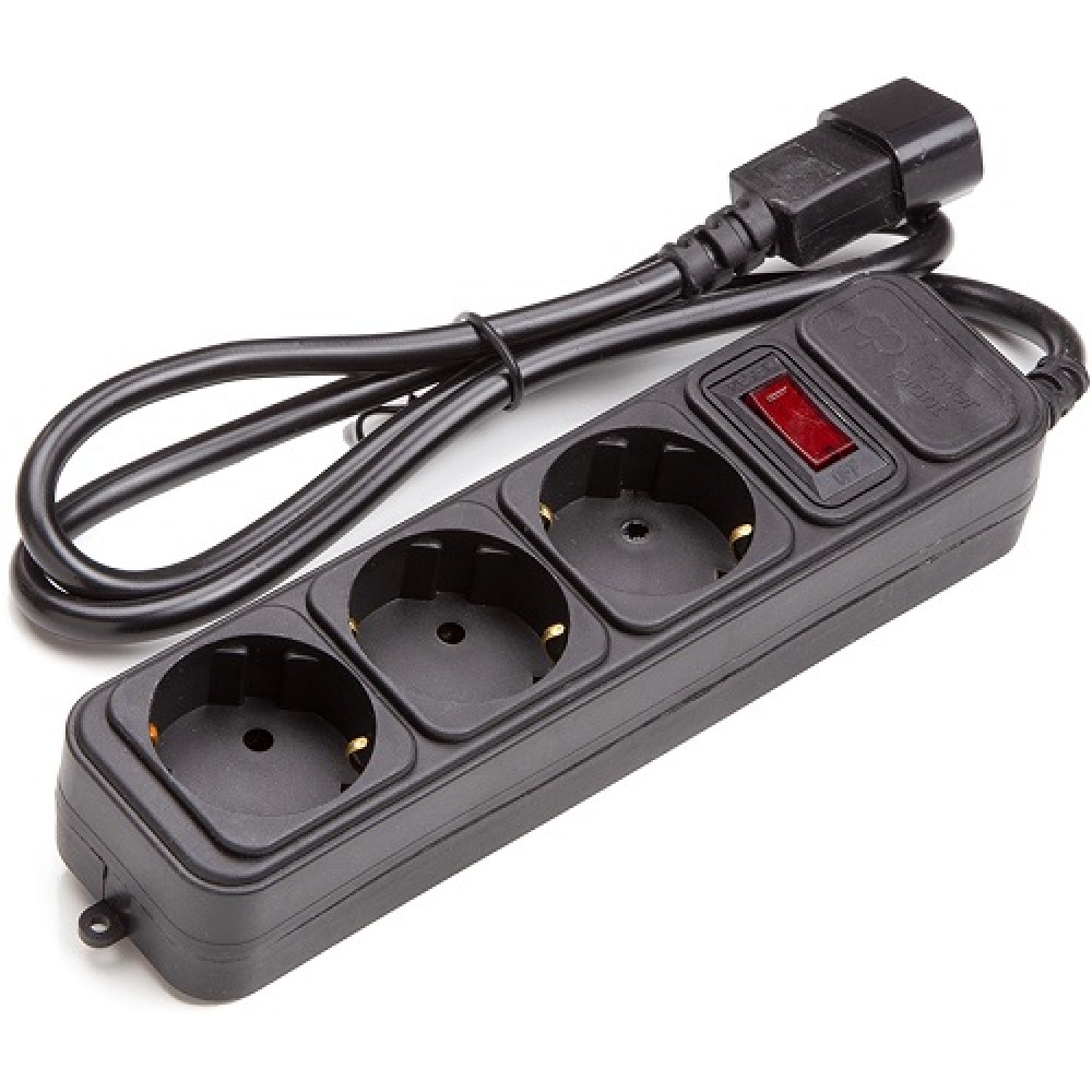 UPS-Rated Extension Cord 1m, 3 sockets, with switch, black